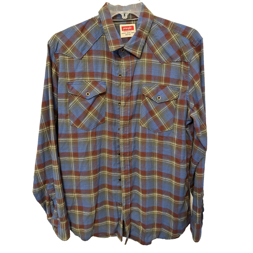 Wrangler Shirt Mens Large Blue Red Green‎ Plaid Flannel Western Button Front